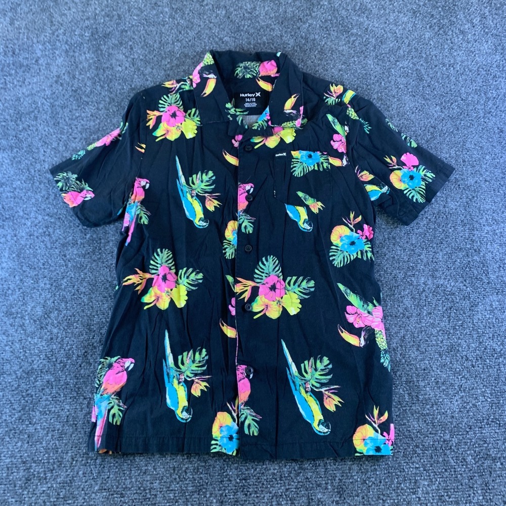 Hurley Hawaiian Shirt Boys 14/16 Black Parrots Floral Short Sleeve Button Up